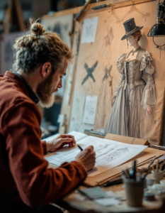 A costume designer sketching elaborate outfits for a period drama