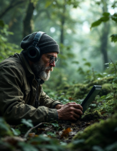 A cryptozoologist analyzing strange sounds recorded in a remote forest, trying to identify the source