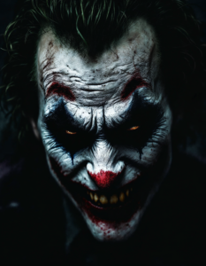 A dark and brooding image of the Joker, his menacing grin capturing his chaotic nature