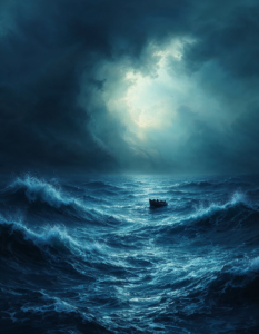 A dark and stormy sea with a small boat tossed about by the waves, representing the turmoil of inner emotions