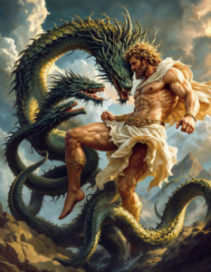 A depiction of the Greek hero Hercules battling the Hydra, a multi-headed serpent