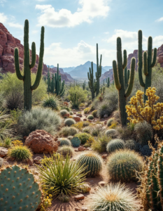 A desert landscape with cacti and other adapted plants, showcasing the resilience of life in extreme environments