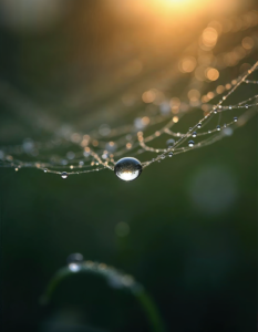 A dewdrop glistening on a delicate spiderweb, reflecting the morning sunlight