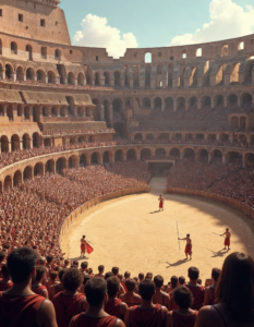 A digital illustration of the Colosseum in its prime, filled with spectators watching a gladiatorial battle