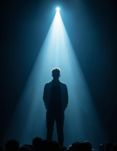 A dramatic image of a solo artist silhouetted against a spotlight, their voice echoing through the vast concert hall