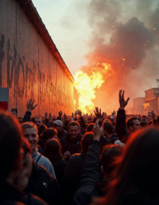 A dramatic image of the fall of the Berlin Wall, showcasing the joy and celebration of a divided city reunited