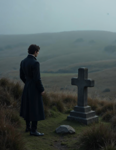 A dramatic scene of Heathcliff gazing at Cathy’s grave on the windswept moors in Wuthering Heights