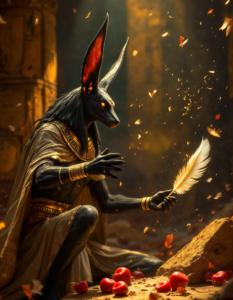 A dynamic scene of the Egyptian god Anubis weighing a heart against a feather in the afterlife