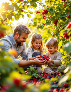 A family picking berries together in a sunny field