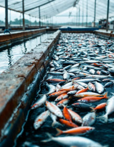 A fish farm with rows of tanks raising fish for consumption, exploring alternative methods of seafood production