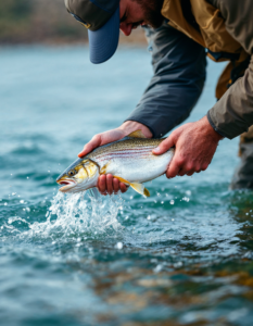 A fisherman releasing a caught fish back into the water, practicing catch-and-release fishing for conservation