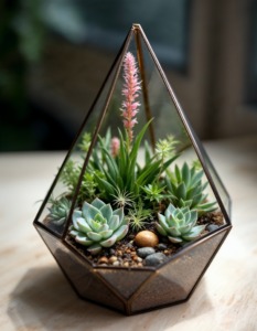 A geometric terrarium with succulents and air plants, creating a miniature ecosystem