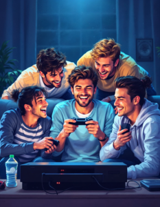 A group of friends gathered around a console, laughing and playing together