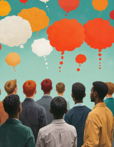 A group of people with identical thought bubbles above their heads, symbolizing the lack of critical thinking and individual opinions