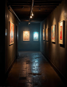 A hidden underground art gallery, dimly lit and filled with experimental and thought-provoking art