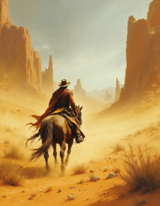 A lone cowboy riding through a desolate Western landscape, facing a showdown with a villain