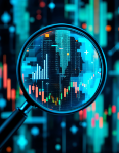 A magnifying glass focusing on a financial transaction, illustrating the transparency and accountability of blockchain technology