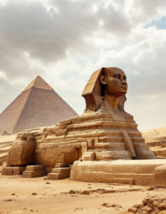 A majestic sphinx standing guard over the pyramids, symbolizing the power and mystery of ancient Egypt