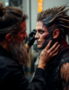 A makeup artist transforming an actor into a fantastical creature with prosthetics and special effects