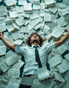 A person drowning in a sea of paperwork, overwhelmed by responsibilities and tasks