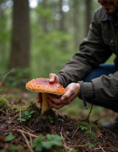 A person foraging for wild mushrooms in the forest