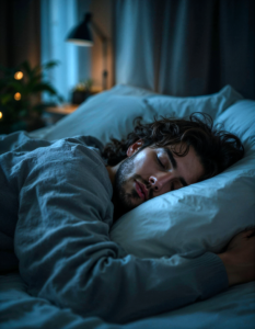 A person getting a good night’s sleep in a comfortable and dark bedroom