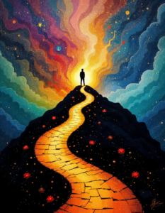 A person standing at a crossroads with multiple paths, symbolizing the choices and experiences that shape our identity