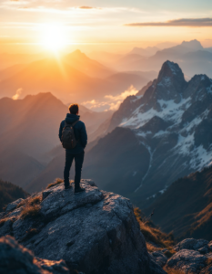 A person standing on a mountaintop, gazing towards a distant horizon, symbolizing the long-term vision and ambition of an entrepreneur