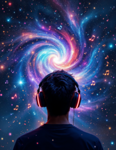 A person wearing headphones, surrounded by a swirling galaxy of musical notes, symbolizing the vastness of music available through streaming