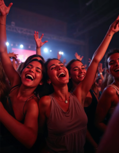 A photo of a group of friends laughing and dancing together at a concert, their faces filled with joy