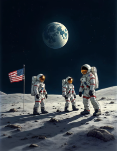 A poignant illustration of the Apollo 11 astronauts landing on the moon, symbolizing humanity’s giant leap forward