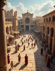 A reconstruction of a bustling marketplace in ancient Rome, filled with merchants, shoppers, and gladiators