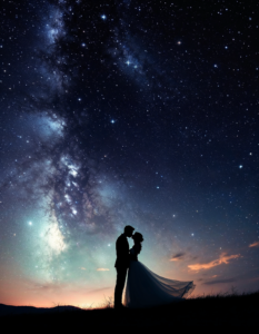 A romantic couple sharing a passionate kiss under a starry sky