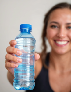 A smiling person holding a water bottle, emphasizing the importance of hydration