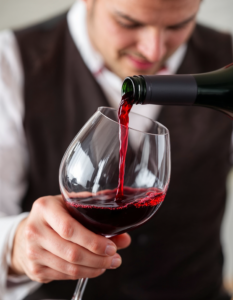 A sommelier swirling wine in a glass, examining its color and aroma