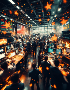 A stock exchange floor with traders frantically buying and selling commodities, capturing the volatility and excitement of the market