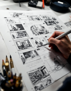 A storyboard artist sketching out the scenes for a film, visualizing the narrative flow