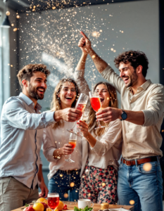 A team popping champagne and cheering, marking a successful product launch or funding round