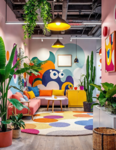 A vibrant and collaborative workspace with playful elements, fostering a positive and productive environment