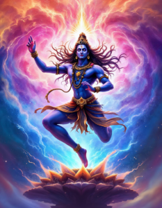 A vibrant depiction of the Hindu god Shiva dancing the Tandava, the cosmic dance of creation and destruction