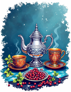 A vibrant illustration of a Moroccan mint tea service, with a silver teapot and intricately decorated glasses