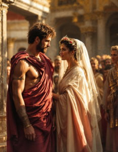 A wedding ceremony in ancient Rome, with the bride wearing a flammeum (veil) and the groom leading her to his home