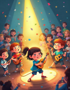 A whimsical illustration of a children’s music concert, filled with colorful characters and playful energy