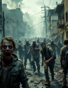 A zombie horde chasing terrified survivors through a post-apocalyptic city