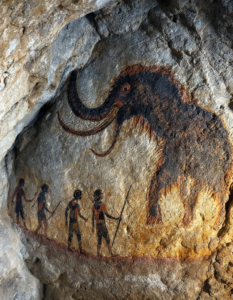 An ancient cave painting showing a group of hunters encountering a woolly mammoth