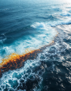 An oil spill spreading across the ocean, highlighting the environmental risks associated with oil extraction and transportation