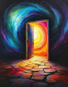 An open door leading to a swirling vortex of colors and shapes, symbolizing the unknown and the desire to explore