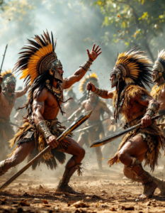 Aztec warriors adorned with feathers and jaguar pelts, engaging in ritual combat