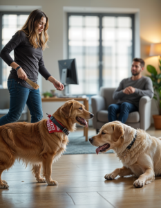 Dogs playing in the office with their owners, shows the pet-friendly environment and employee well-being focus