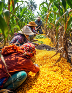 Farmers cultivating maize and other crops using ancient agricultural techniques